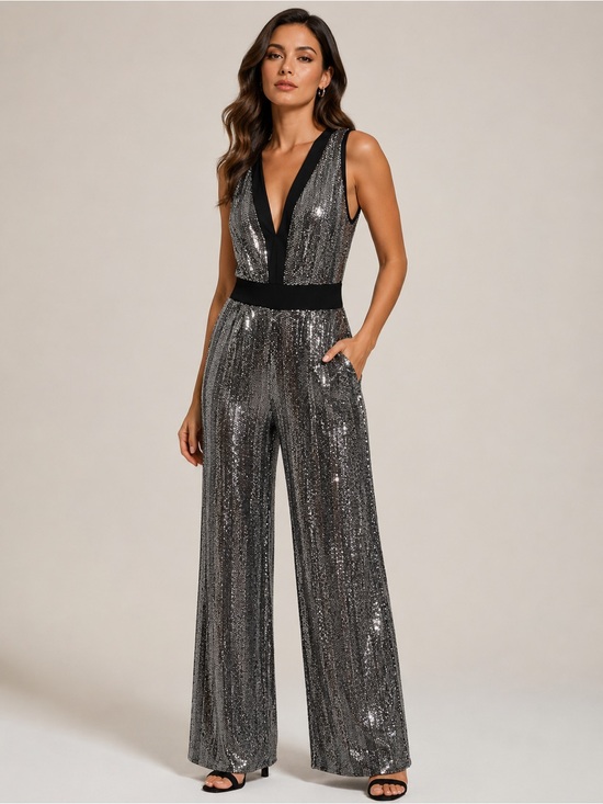 Fashion to Figure Pants - Fashion to Figure Silver Sequin Deep V Jumpsuit, Black Waistband and Wide Leg